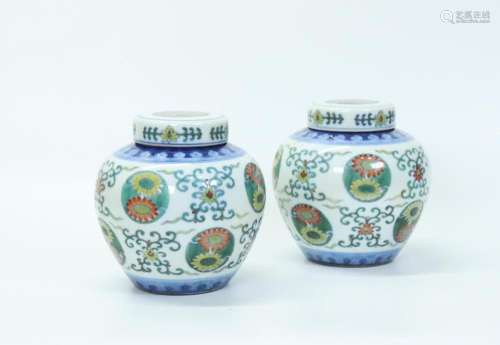 Pair Chinese Doucai Flower Roundel Ginger Jar