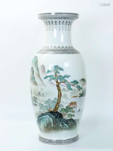 Large Chinese Enameled Porcelain Landscape Vase