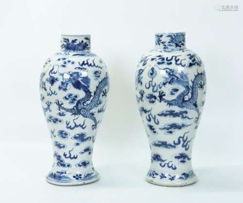 Pr Chinese 19C Blue White Porcelain Dragon Vases