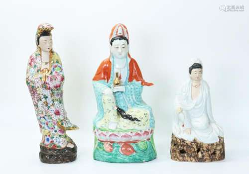 3 Chinese Enameled Porcelain Guanyin Figures