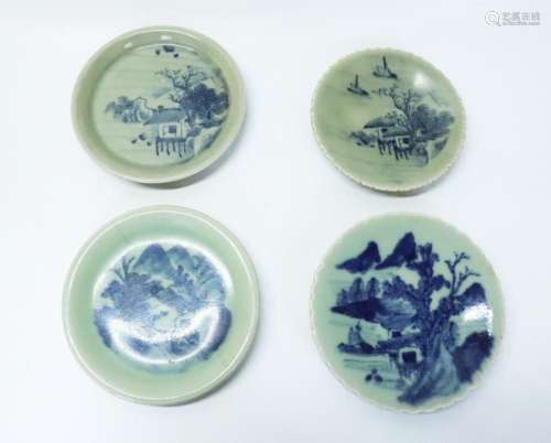 4 Chinese Blue on Celadon Porcelain Plates