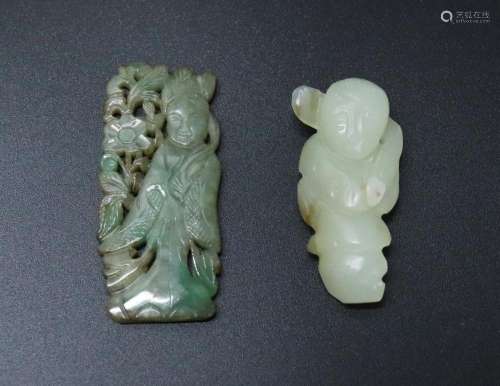 Chinese 19th C Green Jadeite & White Jade Figures