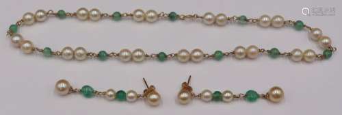 JEWELRY. 3 Pc. 14kt Gold, Pearl and Emerald Suite.