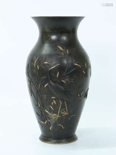 Japanese Bronze & Mixed Metals Crane/Bamboo Vase