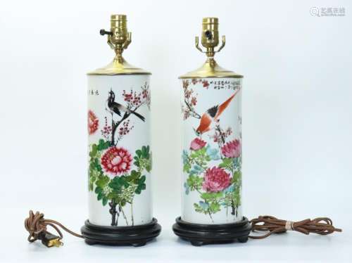 2 Chinese Bird & Peony Porcelain Hat Stands