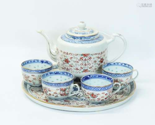 Chinese "Rice" Inlaid Porcelain Teapot 4 Cups Tray