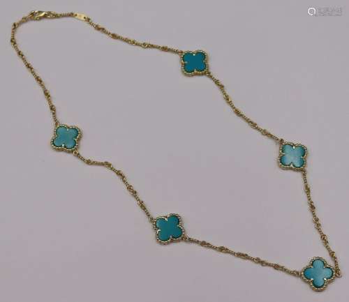 JEWELRY. 14kt Gold & Turquoise Quatrefoil Necklace