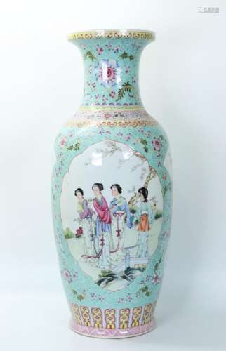 Lg Chinese Turquoise Porcelain Eight Lady Vase