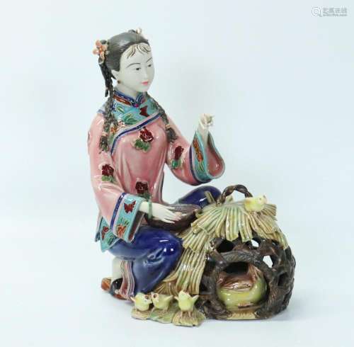 Chinese Enameled Porcelain Girl & Chicken Coop