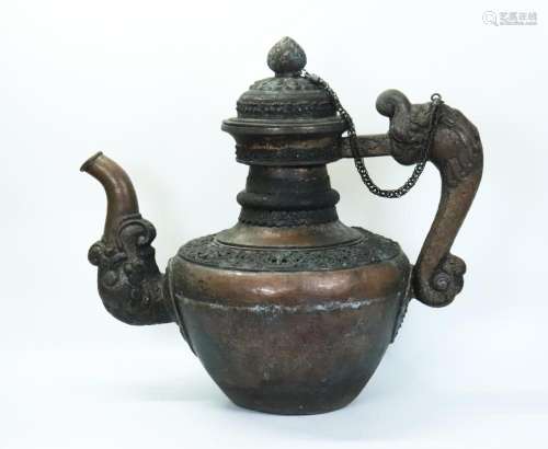Large Tibetan Copper Silvered Metal Tea/Water Pot