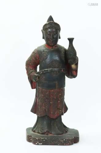 Chinese 19th C Lacquered Wood Servant with Vase