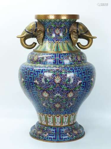 Lg Chinese Cloisonne & Bronze Elephant Handle Vase