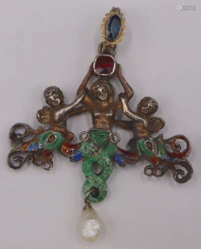 JEWELRY. Antique Continental Silver, Enamel, Gem