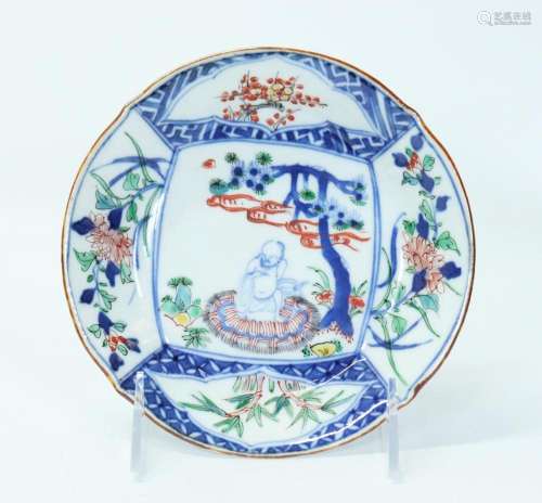 Chinese Wucai & Blue Porcelain Plate with Lohan