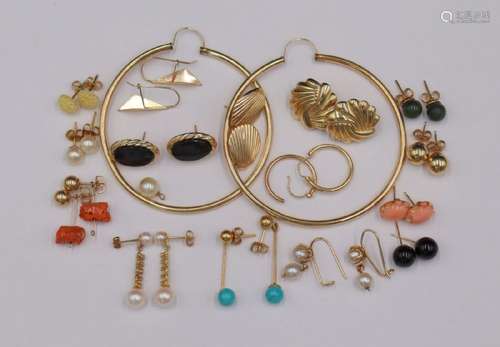 JEWELRY. (16) Pr. of Assorted 14kt  Gold Earrings.