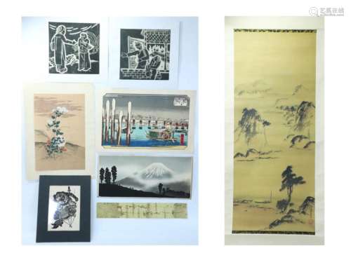 5 Japanese Woodblock Prints Painting; 3 Chinese
