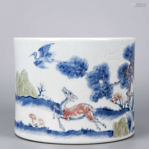 A BLUE AND WHITE UNDERGLAZE TRICOLOR CRANE AND DEER IN SPRIN...