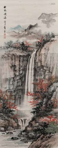 A CHINESE PAINTING OF STANDING SCROLL OF AUTUMN FOREST WATER...