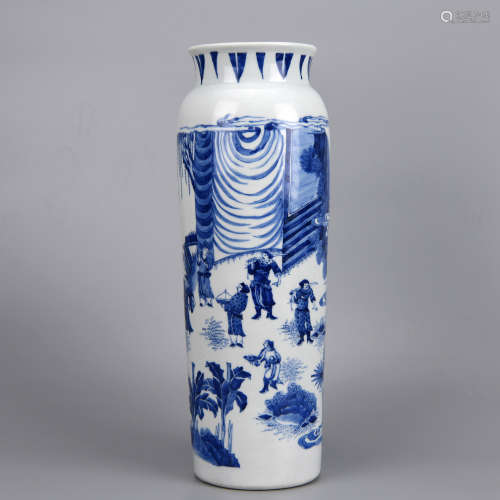 A BLUE AND WHITE FIGURAL TUBE VASE