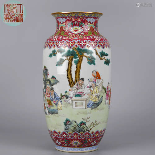 A FAMILLE ROSE GILT FIGURAL LANTERN FORM VASE