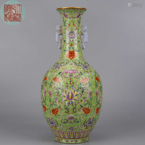 A GREEN GROUND FAMILLE ROSE FLOWER DOUBLE-EARED VASE