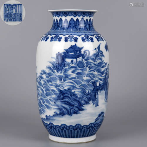 A BLUE AND WHITE FIGURE LANTERN FORM VASE