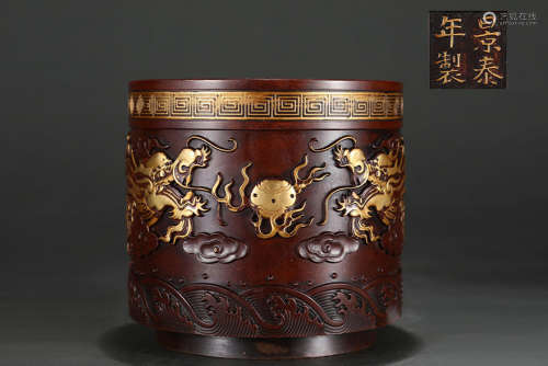 景泰款精铸紫铜胎鎏金双龙戏珠海水纹筒式炉