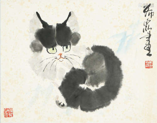 庞希泉 猫 设色纸本镜片