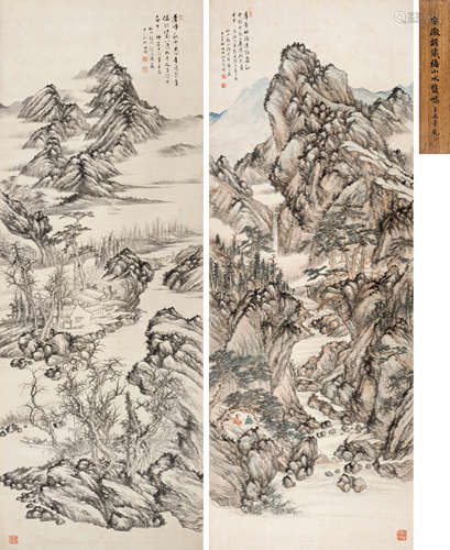 胡铁梅（1848-1899） 峰峦叠嶂对屏 立轴 设色绫本 1883年作