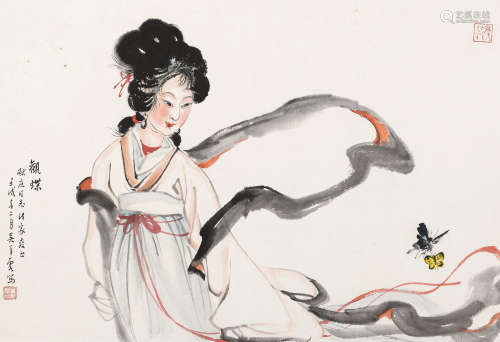 吴青霞（1910-2008） 观蝶 镜框 设色纸本 1982年作