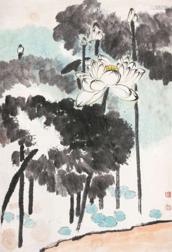 冯建吴（1910-1989） 清荷 立轴 设色纸本 