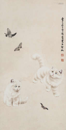 曹克黉（现代） 猫蝶图 立轴 设色纸本 