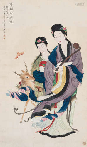 李凤公（1884-1967） 麻姑献寿图 立轴 设色纸本 1937年作