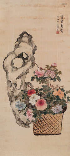 张嘉谟（1830-1887） 富贵寿考 镜框 设色绢本 1881年作