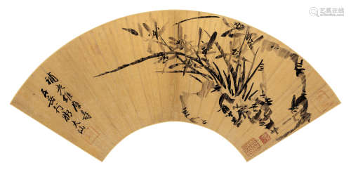 释大汕（？-1704） 寿石幽兰 镜框 水墨金笺