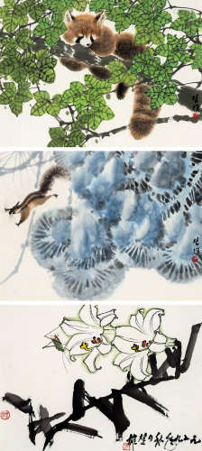 方楚雄（b.1950） 百合草虫、松鼠等三屏 镜框 设色纸本