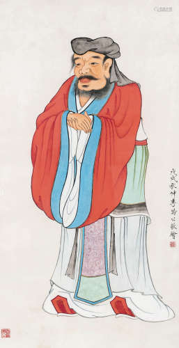 李凤公（1884-1967） 孔子像 镜框 设色纸本 1958年作