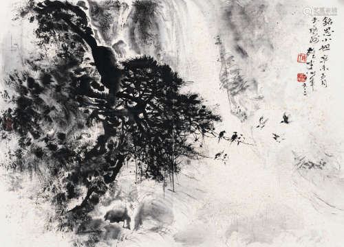 黎雄才（1910-2001） 松瀑飞鸟 镜心 设色纸本 1991年作