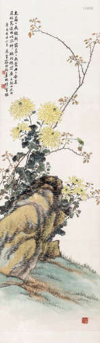容祖椿（1872-1944） 菊石草虫 镜框 设色绢本 1921年作