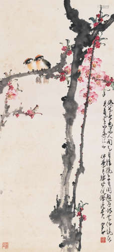 赵少昂（1905-1998） 桃花双雀 镜心 设色纸本