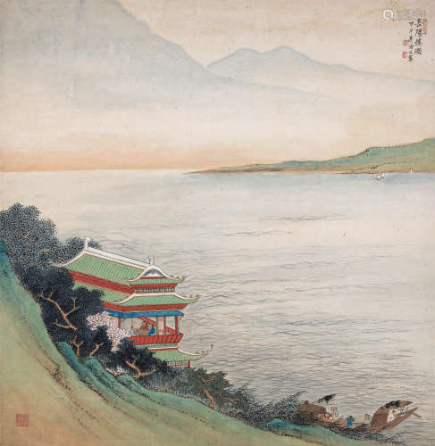 李凤公（1884-1967） 岳阳楼图 镜框 设色纸本 1954年作