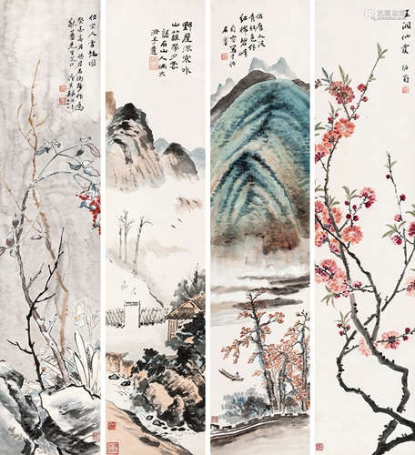 温其球（1862-1941） 山水花卉四屏 立轴 设色纸本 1933年作