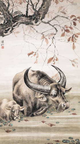 胡藻斌（1897-1942） 双牛图 立轴 设色纸本
