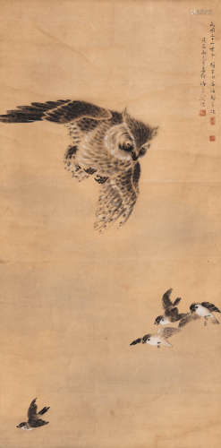 黎雄才（1910-2001） 飞鸮捕雉图 立轴 设色纸本 1943年作