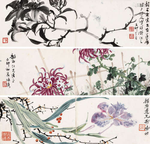 张祥凝（1921-1958）、李凤公（1884-1967）、张仲强（近代） 花卉三帧 镜...