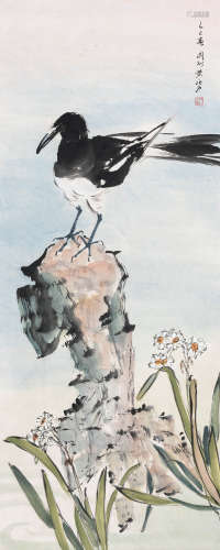 黄叱石（1915-1970） 水仙喜鹊 镜心 设色纸本 1965年作