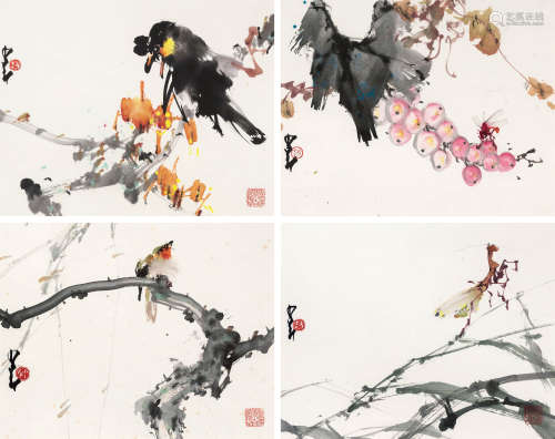 赵少昂（1905-1998） 花鸟四帧 镜框 设色纸本