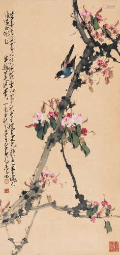 赵少昂（1905-1998） 桃花飞鸟 立轴 设色纸本 1957年作