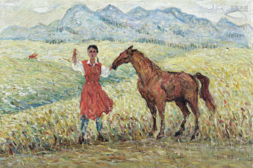 梁器奇  LIANG QIQI (1929-2022) 天山牧场的早晨 1994 木板油画