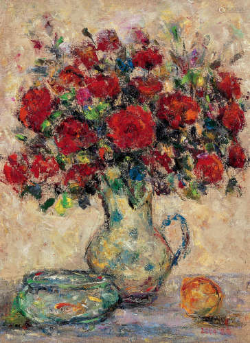 梁器奇  LIANG QIQI (1929-2022) 红玫瑰与金鱼 2004 布面油画